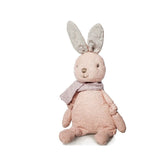 Soft pink rabbit plush with a vintage design, featuring a grey scarf and long ears, sitting upright.